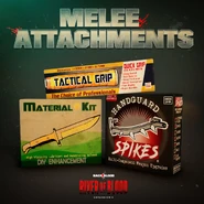 Promotional material showing three new melee attachments: Tactical Grip, Handguard Spikes, and Material Kits