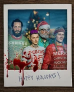 Promotional material featuring Jim Hossler, Karlee Fincher, Howard Robert Hoffman, and Christine Tuttle in their holiday skins.