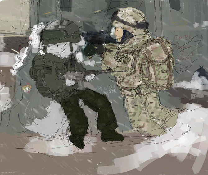 Sketch depicting an Auriellen and Cascadan in a firefight.