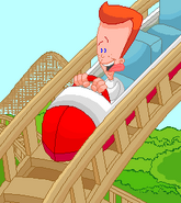 Pete riding a rollercoaster with his tongue sticking out in Backyard Soccer 2004.