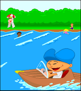 Kenny driving a motorboat; which is seen in Backyard Baseball 2003.