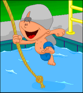 Pablo performing a rope swing routine in the credits for Backyard Baseball 2003.