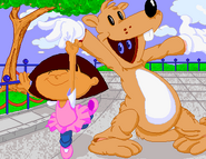 Vicki Kawaguchi dancing with a Weasel World mascot in the credits of Backyard Football.