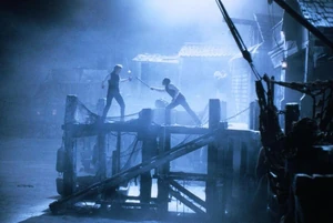 Holmes duels Professor Rathe above the Thames in the 1985 film, Young Sherlock Holmes