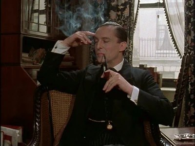Holmes relaxing with a smoking pipe in his favourite wicker chair