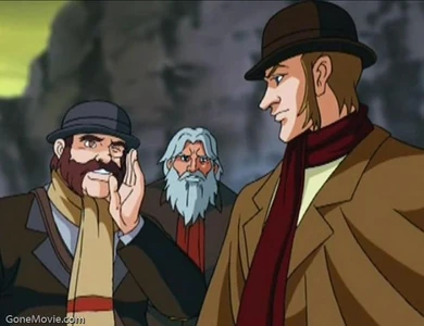 Holmes, Dr Watson and Prof. Moriarty (in disguise) at Reichenbach Falls in: "The Fall and Rise of Sherlock Holmes"