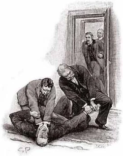 Original caption was "BENDING OVER THE PROSTRATE FIGURE OF SHERLOCK HOLMES."