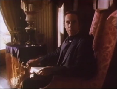 Smith in his study, morosely deflecting Adelaide Savage's question about her husband