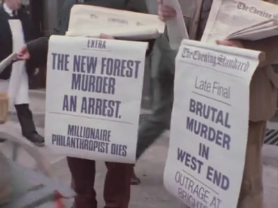 Latest newspaper editions promoted on Baker Street (including news of murder mysteries)