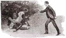 Watson ratuje Rucastle’a przed jego mastiffem (ilustracja z „The Strand Magazine”)