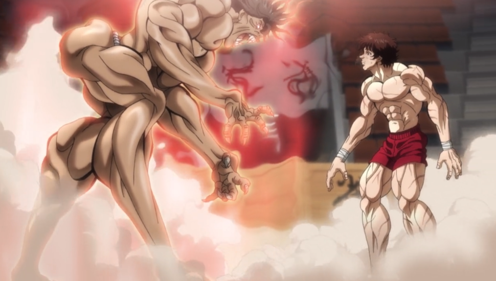 Baki fighting yuujiro hanma on a red fortress with flags and catapults