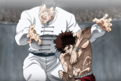 Baki fighting yuujiro hanma on a red fortress with flags and catapults