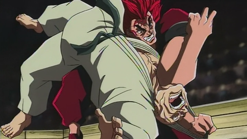 Baki fighting yuujiro hanma on a red fortress with flags and catapults