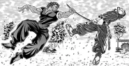 Musashi's exceptional grip strength, which causes Yuujirou to be sent flying with him after punching Musashi in the face.