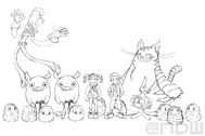 Concept art of what would become Balan, Leo, Emma, the Tims, and presumably the Lucky Egg and Chrono Bunny costumes. The cat-like creature may have been scrapped or turned into a different costume later on in development.