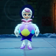 Example of how either Leo or Emma (pictured) wears a Costume. Either one's face replaces the Costume's face.