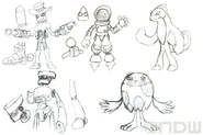 Concept drawings of Bullet the Kid, Airy/Iron Apollo, Laser Launcher, Lucky Egg. There is also a lizard costume design that did not make it into the game.