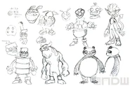 Concept art of various costumes including: Bulldozer, Pounding Robot, Double Jumper. It also includes 3 concept-only costume designs: a tin-like robot, a monster (akin to Sully from Monsters Inc.), and a panda, which later may have been finalized as Iron Panda.