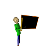 Baldi with no hair, eyes and mouth with a blank chalkboard from a deleted prototype tweet for Baldi's Basics Plus V0.2's release date announcement.