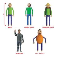 Prototype figures of Baldi, Angry Baldi, Camping Baldi, Principal of the Thing, and It's a Bully