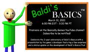 Baldi in the image for Baldi's Basics' 3-year anniversary announcement.