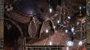 Viconia DeVir and Qilue go toe to toe in melee combat. An animated Skeleton Warrior assists in Qilue's defense.