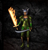 Faldorn dual-wielding Flame Blade and Rashad's Talon while wearing Ankheg Plate Mail (inventory pic). (BG:EE)