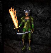 Faldorn in Ankheg Plate Mail dual-wielding Flame Blade with Rashad's Talon (BG:EE) inventory pic