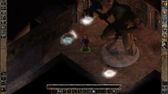 Bhaalspawn PC enters chamber with huge minotaur statue on display. Three swirling bats begin transformation. What sorcery is this? Unfinished Business for BG2 mod pictured.