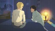 Ash and Eiji laugh after Eiji talks about his sister