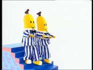 Bananas in Pyjamas are coming down the stairs