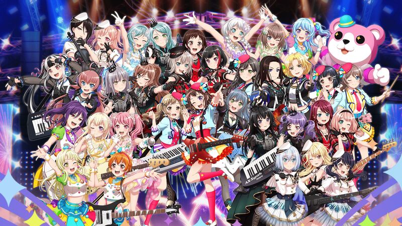 The 35 main characters from the game Girls Band Party