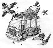 Maggie Birds harassing Alfred P. Cock hiding in his Mr. Drippy van.