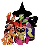 Obra de arte de Banjo, Kazooie, Mumbo Jumbo, Gruntilda y un Jinjo con el logo de Rareware de Banjo-Kazooie