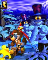 Banjo, Kazooie, and two Sir Slushes in a promotional image of Banjo-Kazooie.