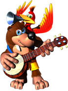 Banjo and Kazooie playing their musical instruments.