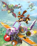 Banjo, Kazooie, Klungo and Mr. Fit in a plane race. This is also the art for the Nuts & Bolts Soundtrack cover.