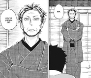 Seimei bluntly telling Yuujirou that he has gotten fat at middle age while Seimei has more or less maintained his physique