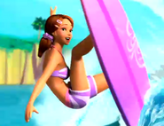 Surfing with her purple board