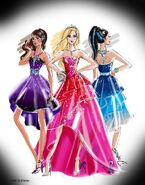 Sketch of Barbie, Teresa, and Renee with party dress.