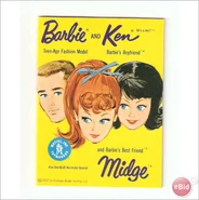 Vintage art depicting Ken, Barbie, and Midge