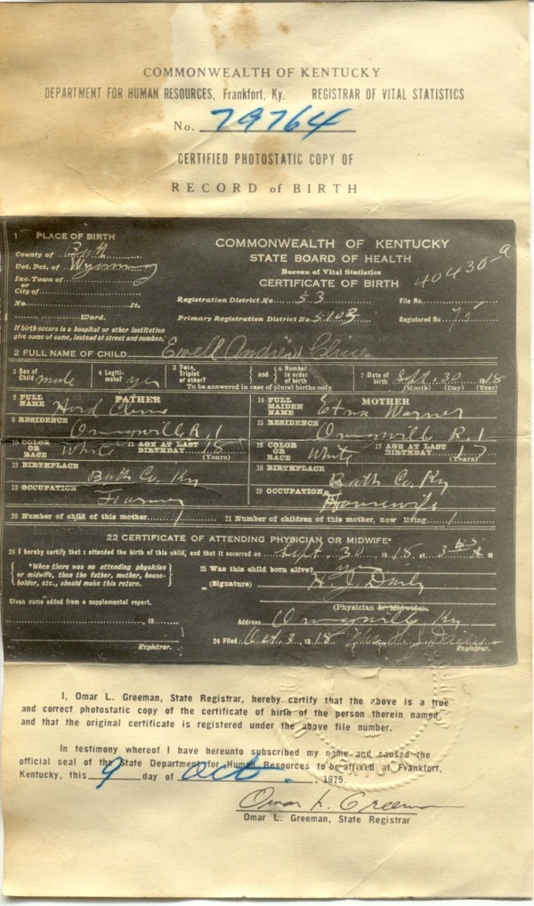 Ewell Cline/Birth Certificate Spencer Cline Owens wiki