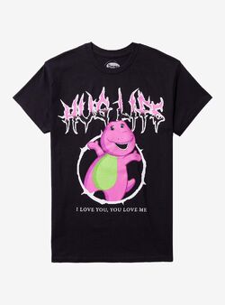 A Barney Hug Life Metal t-shirt, sold at Hot Topic. The black t-shirt reads "Hug Life" in a purple metal band-esque font above a picture of Barney in a circle