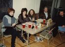 (Left to right) Carol Farabee, Julie Johnson, Patty Wirtz, a Barney & Friends crew member, and Bob West going over lines.