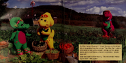 Page 9. Baby Bop, BJ, and Barney harvest vegetables.