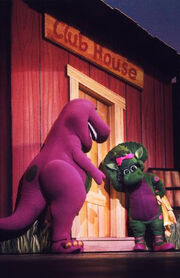 Barney and Baby Bop listen to what the kids are making