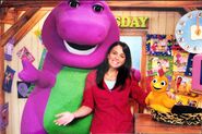 Barney alongside Nina from The Goodnight Show and Chica from The Sunny Side Up Show, in the Sunshine Barn.