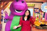 Barney alongside Nina from The Goodnight Show and Chica from The Sunny Side Up Show, in the Sunshine Barn.