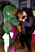 Julie Johnson talking to Baby Bop during production of Barney Live! In New York City.