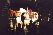 Barney and the Backyard Gang with the Snowman on set during the filming of this video "Waiting for Santa".